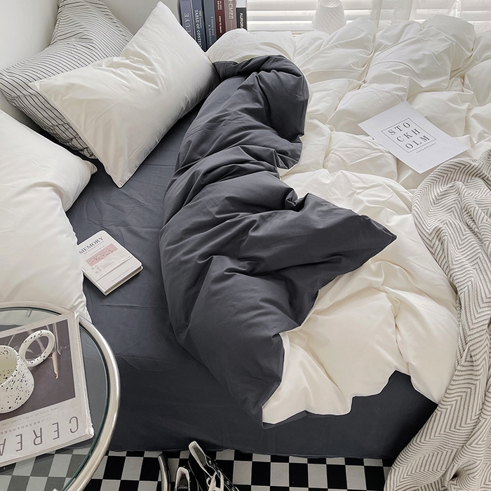 91家纺网 家纺一手货源 找家纺 梵克保罗 2025新款ins风小红书同款纯色双拼水洗棉四件套学生三件套亲肤加厚磨毛四件套混搭系列-单被套单枕套 双拼-白蓝灰