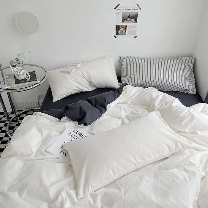 91家纺网 家纺一手货源 找家纺 梵克保罗 2025新款ins风小红书同款纯色双拼水洗棉四件套学生三件套亲肤加厚磨毛四件套混搭系列-单被套单枕套 双拼-白蓝灰