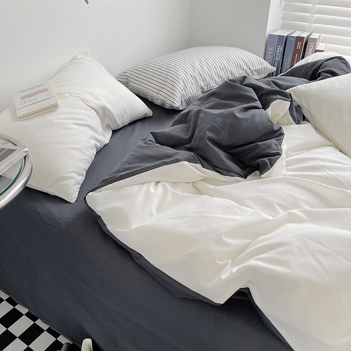 91家纺网 家纺一手货源 找家纺 梵克保罗 2025新款ins风小红书同款纯色双拼水洗棉四件套学生三件套亲肤加厚磨毛四件套混搭系列-单被套单枕套 双拼-白蓝灰