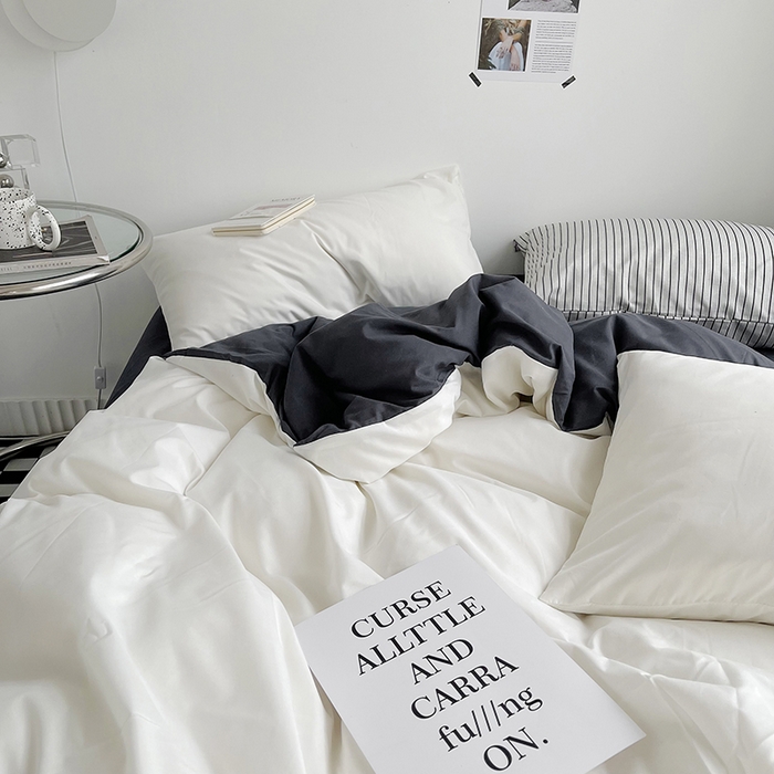 91家纺网 家纺一手货源 找家纺 梵克保罗 2025新款ins风小红书同款纯色双拼水洗棉四件套学生三件套亲肤加厚磨毛四件套混搭系列-单被套单枕套 双拼-白蓝灰