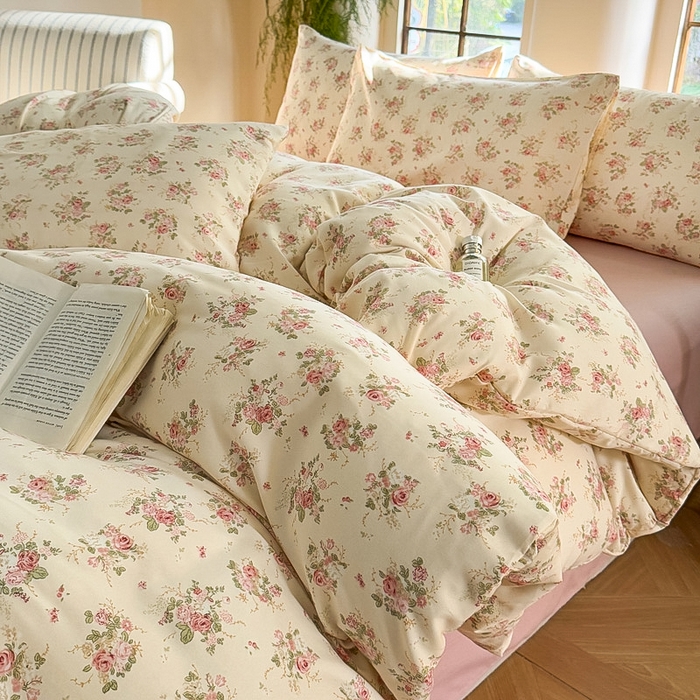 91家纺网 家纺一手货源 找家纺 梵克保罗 2025新款有氧针织双层纱印花四件套 雾屿玫瑰