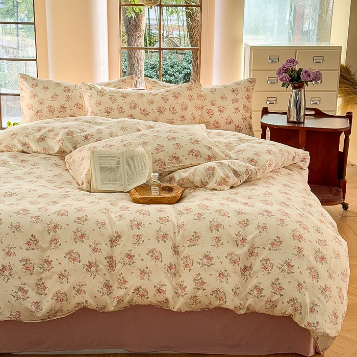 91家纺网 家纺一手货源 找家纺 梵克保罗 2025新款有氧针织双层纱印花四件套 雾屿玫瑰