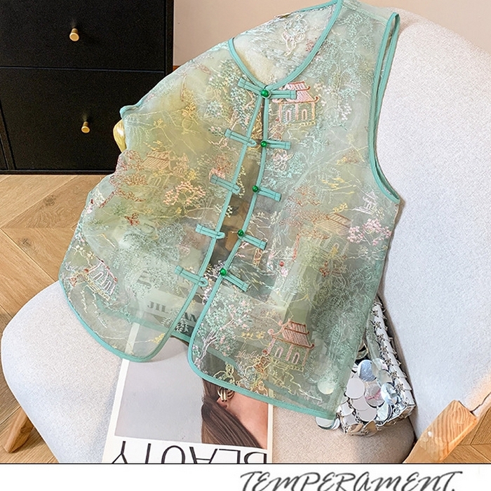 91家纺网 家纺一手货源 找家纺 洛兰沙家居馆【只代发】【只代发】 2025新款复古织锦缎细纱棉麻拼接马甲背心刺绣中式盘扣上衣 28