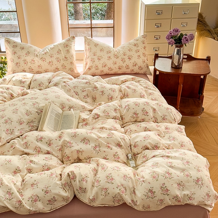 91家纺网 家纺一手货源 找家纺 梵克保罗 2025新款有氧针织双层纱印花四件套 雾屿玫瑰