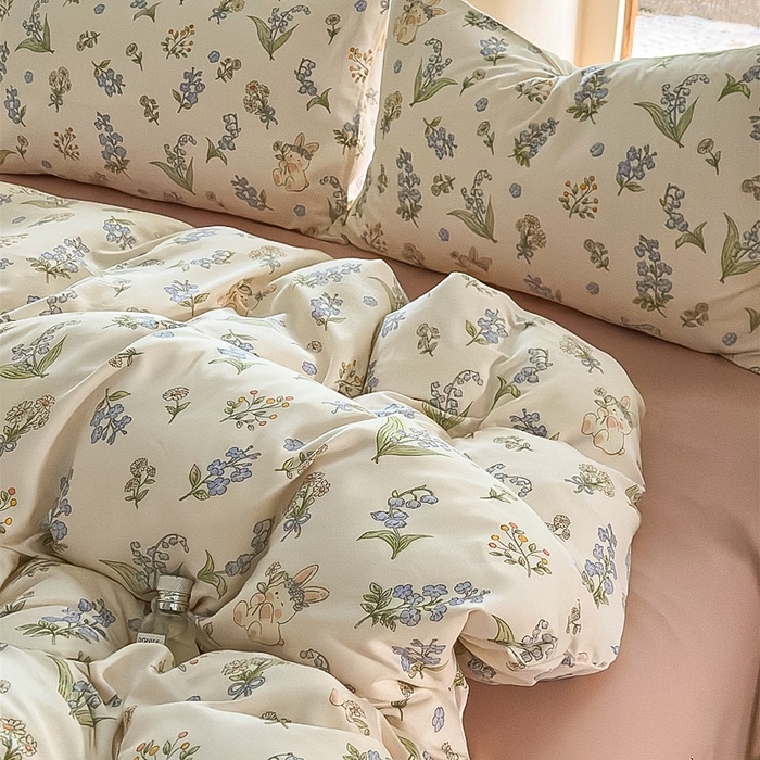 91家纺网 家纺一手货源 找家纺 梵克保罗 2025新款有氧针织双层纱印花四件套 花间兔