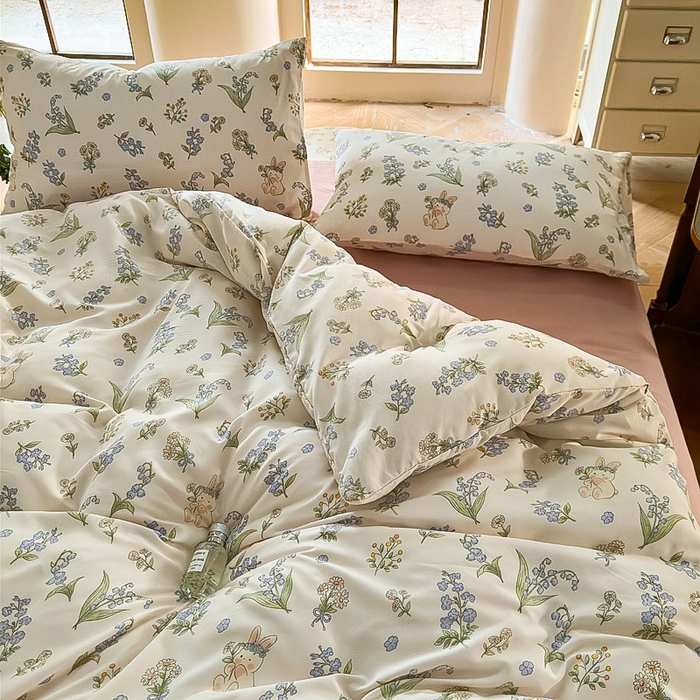 91家纺网 家纺一手货源 找家纺 梵克保罗 2025新款有氧针织双层纱印花四件套 花间兔