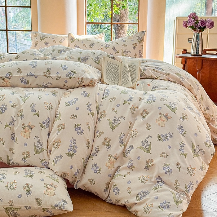 91家纺网 家纺一手货源 找家纺 梵克保罗 2025新款有氧针织双层纱印花四件套 花间兔