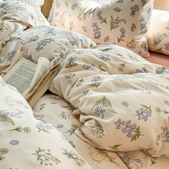 91家纺网 家纺一手货源 找家纺 梵克保罗 2025新款有氧针织双层纱印花四件套 花间兔