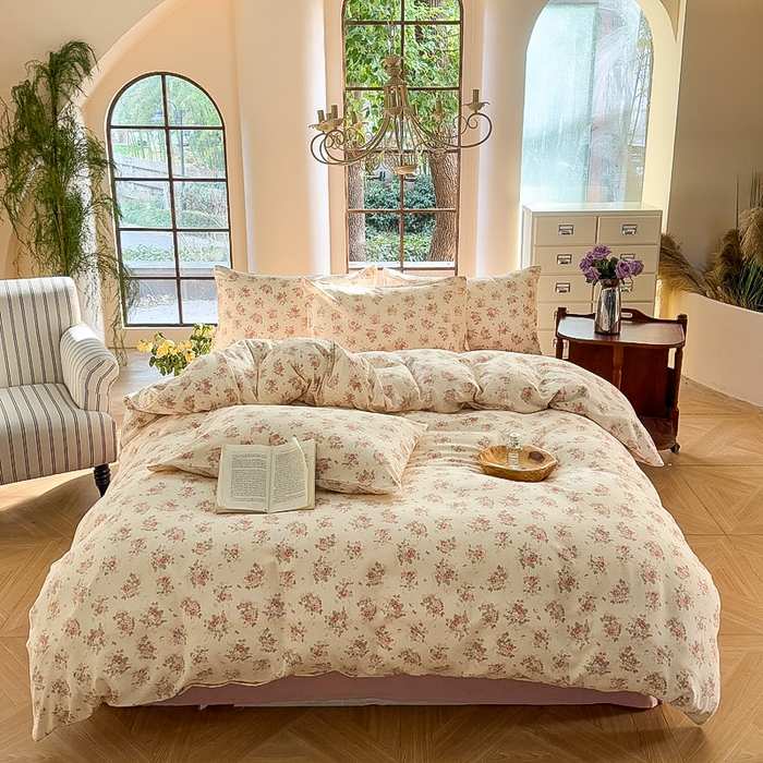 91家纺网 家纺一手货源 找家纺 梵克保罗 2025新款有氧针织双层纱印花四件套 雾屿玫瑰