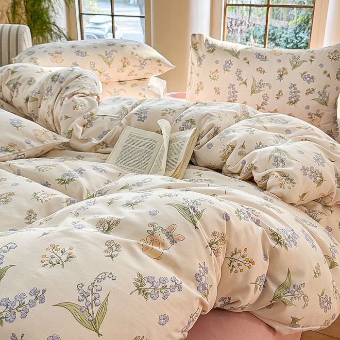 91家纺网 家纺一手货源 找家纺 梵克保罗 2025新款有氧针织双层纱印花四件套 花间兔