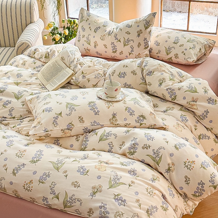 91家纺网 家纺一手货源 找家纺 梵克保罗 2025新款有氧针织双层纱印花四件套 花间兔