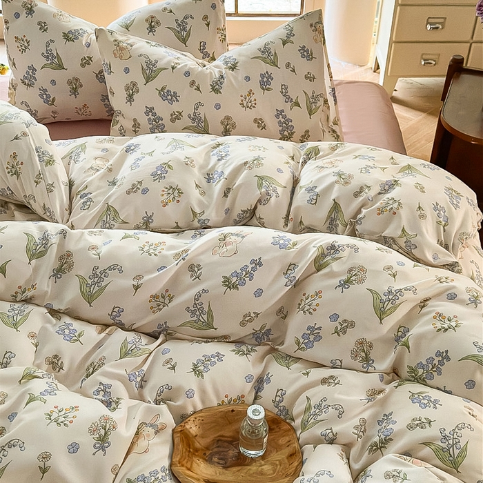 91家纺网 家纺一手货源 找家纺 梵克保罗 2025新款有氧针织双层纱印花四件套 花间兔