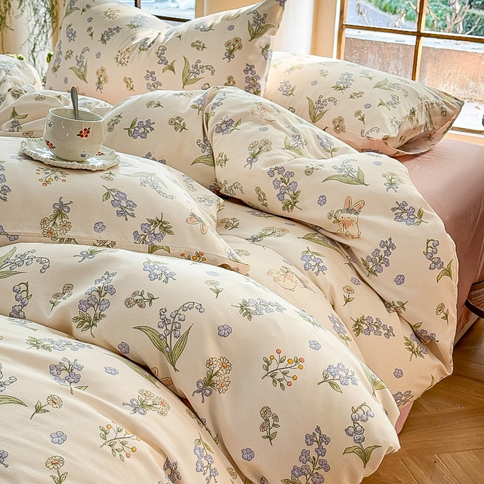 91家纺网 家纺一手货源 找家纺 梵克保罗 2025新款有氧针织双层纱印花四件套 花间兔