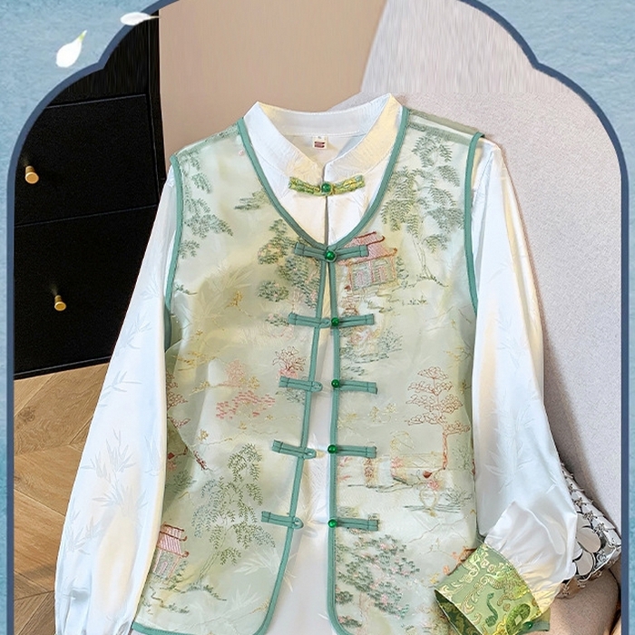 91家纺网 家纺一手货源 找家纺 洛兰沙家居馆【只代发】【只代发】 2025新款复古织锦缎细纱棉麻拼接马甲背心刺绣中式盘扣上衣 28