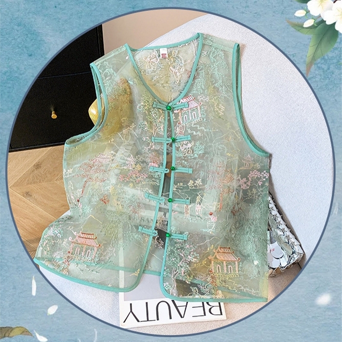 91家纺网 家纺一手货源 找家纺 洛兰沙家居馆【只代发】【只代发】 2025新款复古织锦缎细纱棉麻拼接马甲背心刺绣中式盘扣上衣 28