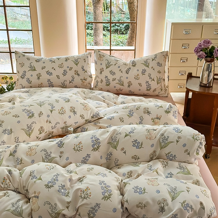 91家纺网 家纺一手货源 找家纺 梵克保罗 2025新款有氧针织双层纱印花四件套 花间兔