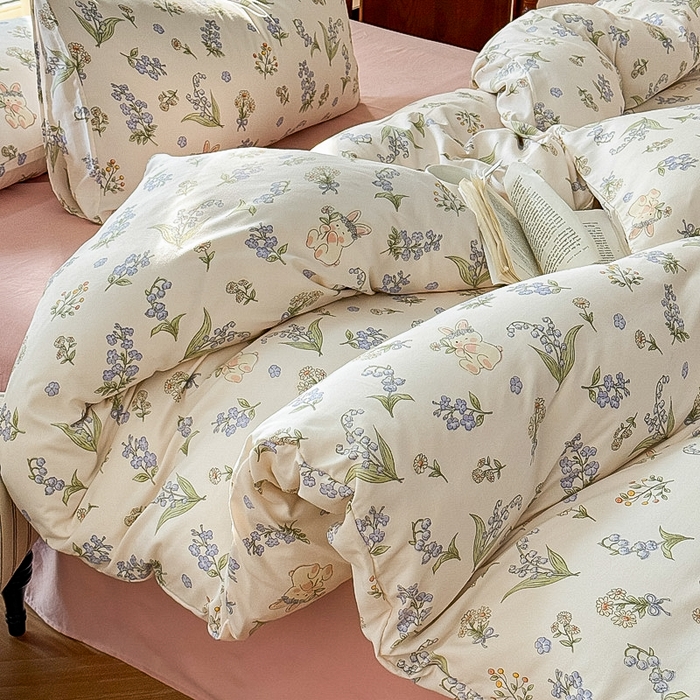 91家纺网 家纺一手货源 找家纺 梵克保罗 2025新款有氧针织双层纱印花四件套 花间兔