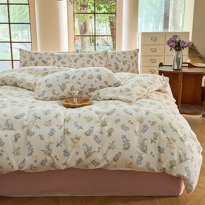 91家纺网 家纺一手货源 找家纺 梵克保罗 2025新款有氧针织双层纱印花四件套 花间兔