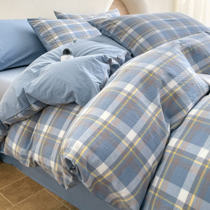 91家纺网 家纺一手货源 找家纺 梵克保罗 2025新款无印风四件套系列 天蓝中格-床单款