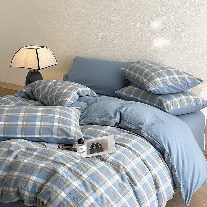 91家纺网 家纺一手货源 找家纺 梵克保罗 2025新款无印风四件套系列 天蓝中格-床单款