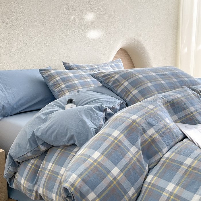 91家纺网 家纺一手货源 找家纺 梵克保罗 2025新款无印风四件套系列 天蓝中格-床单款