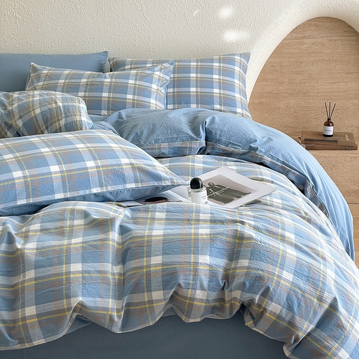 91家纺网 家纺一手货源 找家纺 梵克保罗 2025新款无印风四件套系列 天蓝中格-床单款