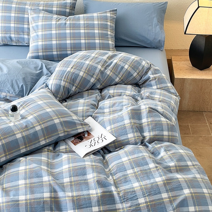 91家纺网 家纺一手货源 找家纺 梵克保罗 2025新款无印风四件套系列 天蓝中格-床单款