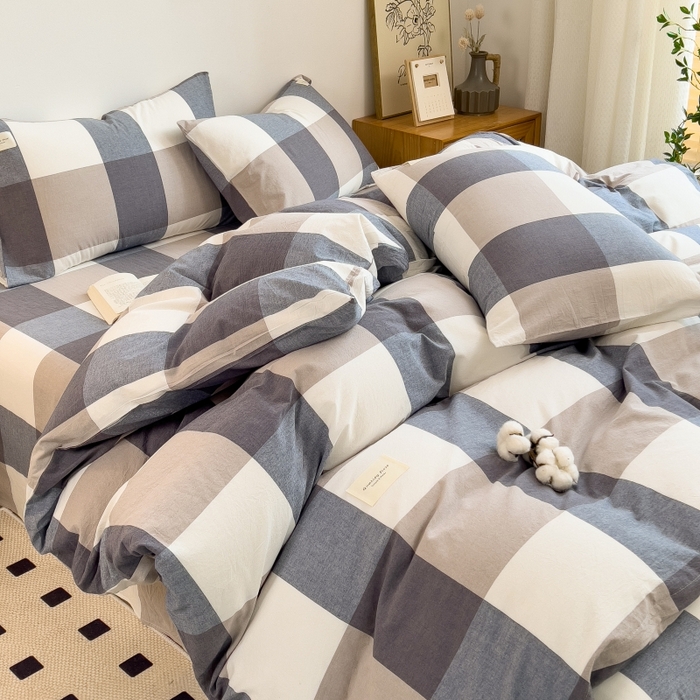 91家纺网 家纺一手货源 找家纺 梵克保罗 2025新款无印风四件套系列 深蓝大格-床单款