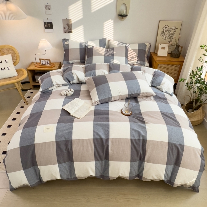 梵克保罗 2025新款无印风四件套系列 深蓝大格-床单款