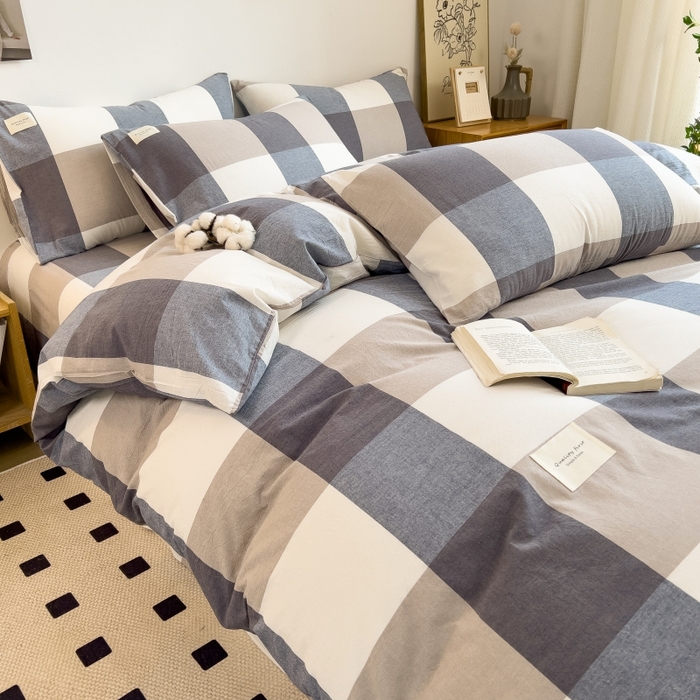 91家纺网 家纺一手货源 找家纺 梵克保罗 2025新款无印风四件套系列 深蓝大格-床单款