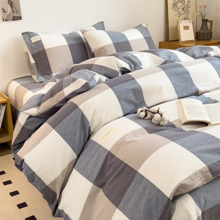 91家纺网 家纺一手货源 找家纺 梵克保罗 2025新款无印风四件套系列 深蓝大格-床单款