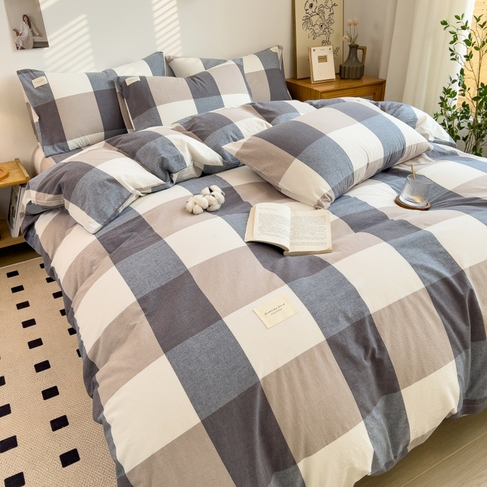 91家纺网 家纺一手货源 找家纺 梵克保罗 2025新款无印风四件套系列 深蓝大格-床单款