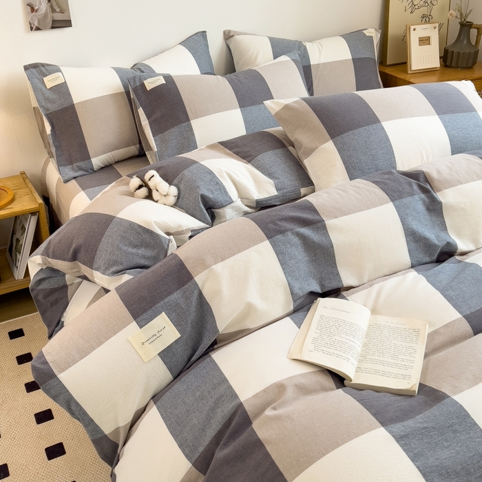 91家纺网 家纺一手货源 找家纺 梵克保罗 2025新款无印风四件套系列 深蓝大格-床单款