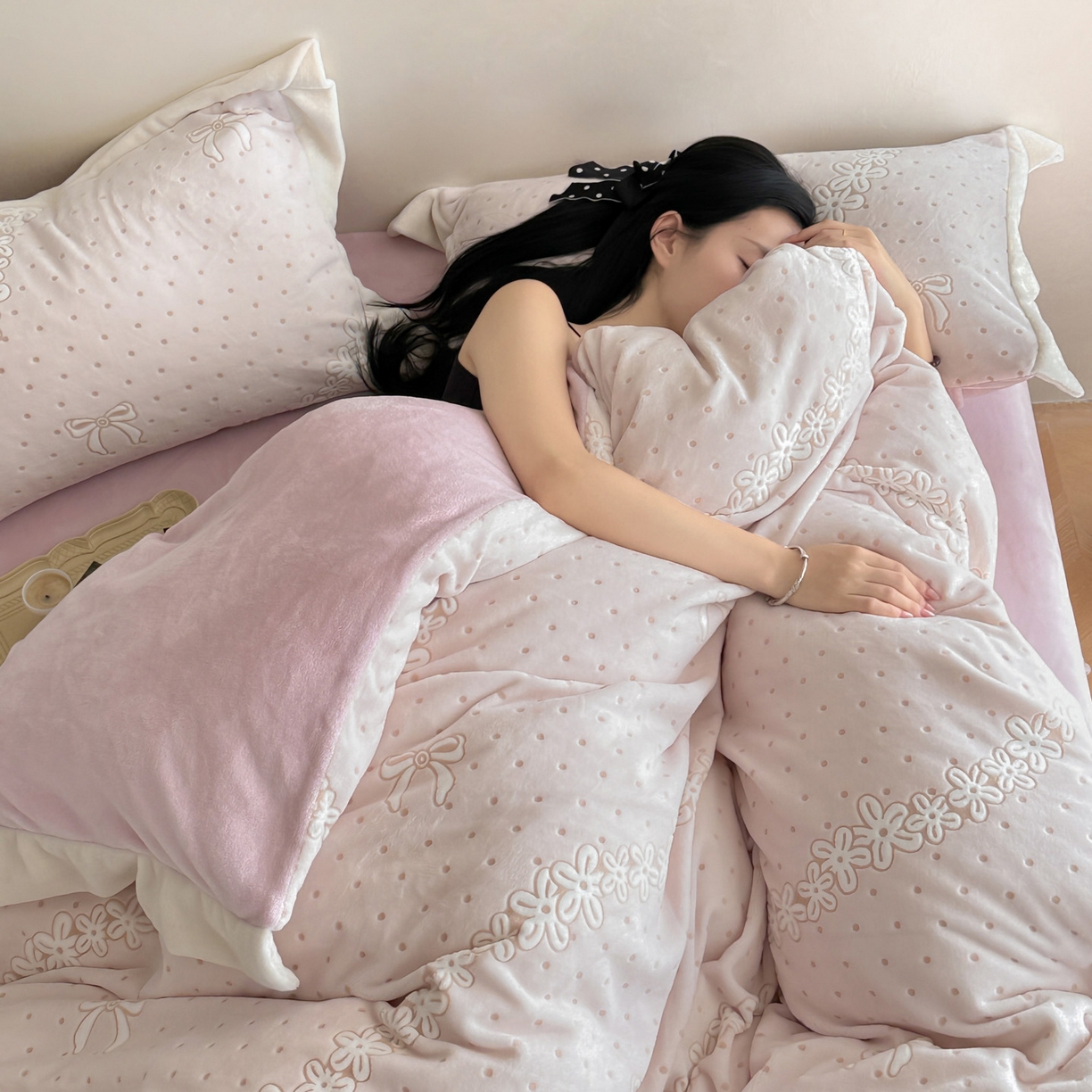 91家纺网 家纺一手货源 找家纺 （总）若未家居 LOVEWE HOUSE 2025新款250克全消光数码印花和雕花大宽边全消光牛奶绒四件套-波点蝴蝶结