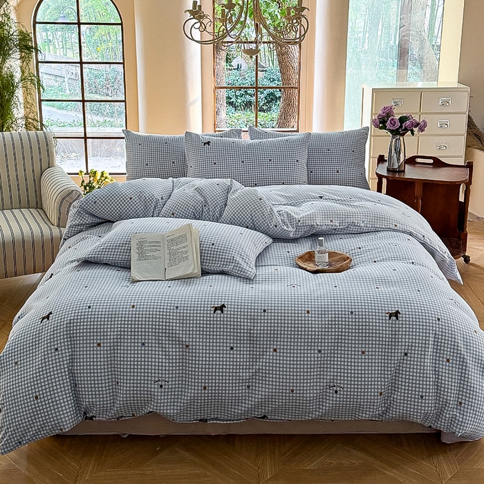 91家纺网 家纺一手货源 找家纺 梵克保罗 2025新款有氧针织双层纱印花四件套 维希格纹