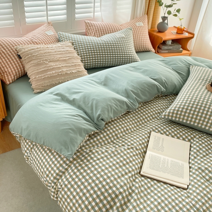 91家纺网 家纺一手货源 找家纺 梵克保罗 2025新款无印风四件套系列 小方绿-床单款