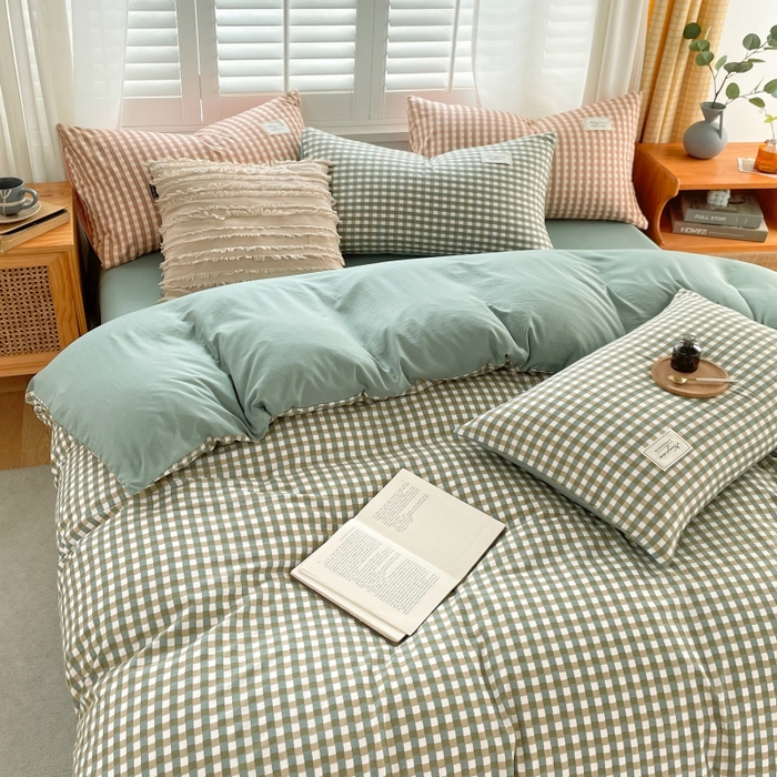 91家纺网 家纺一手货源 找家纺 梵克保罗 2025新款无印风四件套系列 小方绿-床单款