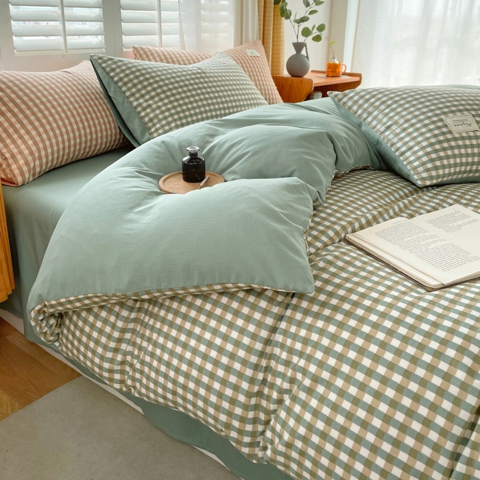 91家纺网 家纺一手货源 找家纺 梵克保罗 2025新款无印风四件套系列 小方绿-床单款