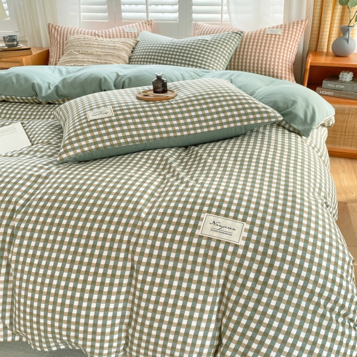 91家纺网 家纺一手货源 找家纺 梵克保罗 2025新款无印风四件套系列 小方绿-床单款