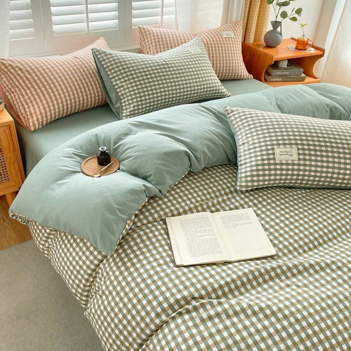 91家纺网 家纺一手货源 找家纺 梵克保罗 2025新款无印风四件套系列 小方绿-床单款