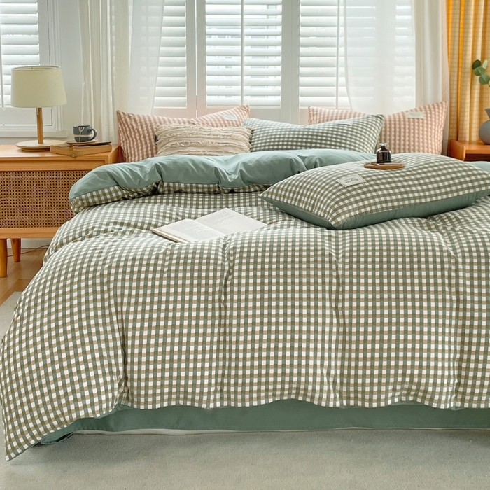 91家纺网 家纺一手货源 找家纺 梵克保罗 2025新款无印风四件套系列 小方绿-床单款