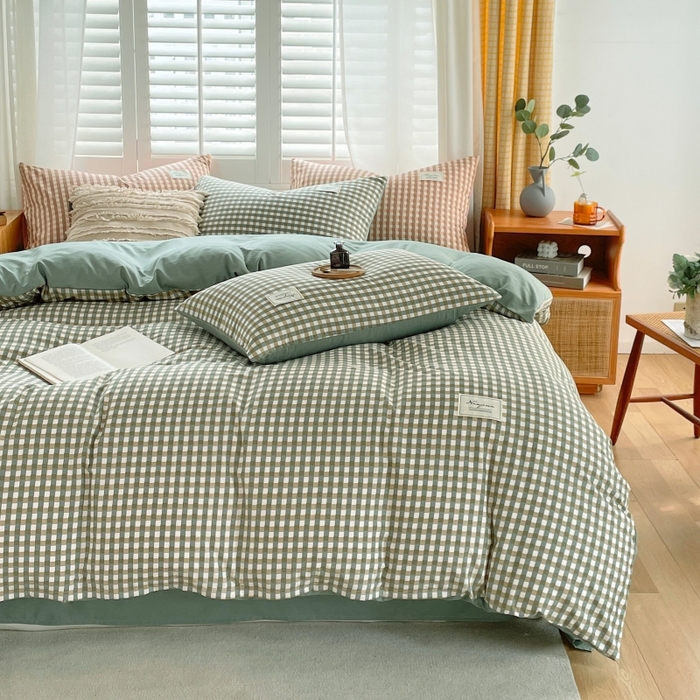 91家纺网 家纺一手货源 找家纺 梵克保罗 2025新款无印风四件套系列 小方绿-床单款