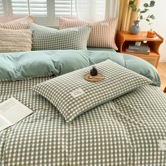 91家纺网 家纺一手货源 找家纺 梵克保罗 2025新款无印风四件套系列 小方绿-床单款