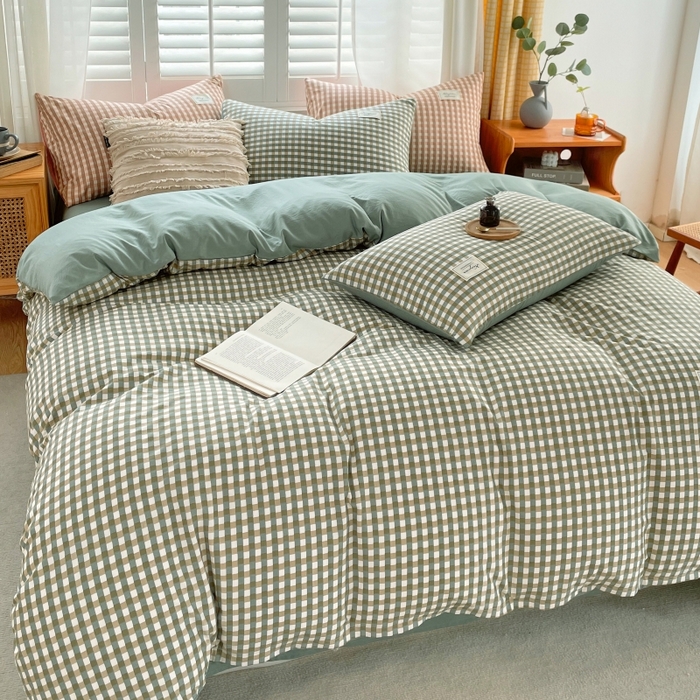 91家纺网 家纺一手货源 找家纺 梵克保罗 2025新款无印风四件套系列 小方绿-床单款