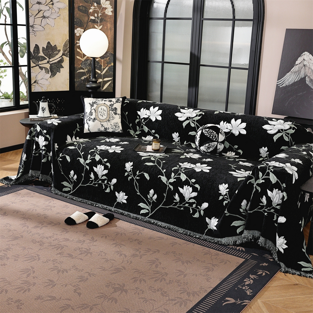 91家纺网 家纺一手货源 找家纺 共鸣沙发垫 2025新款亲肤舒适雪尼尔玉兰黑色沙发巾 玉兰黑色 180x300cm沙发巾