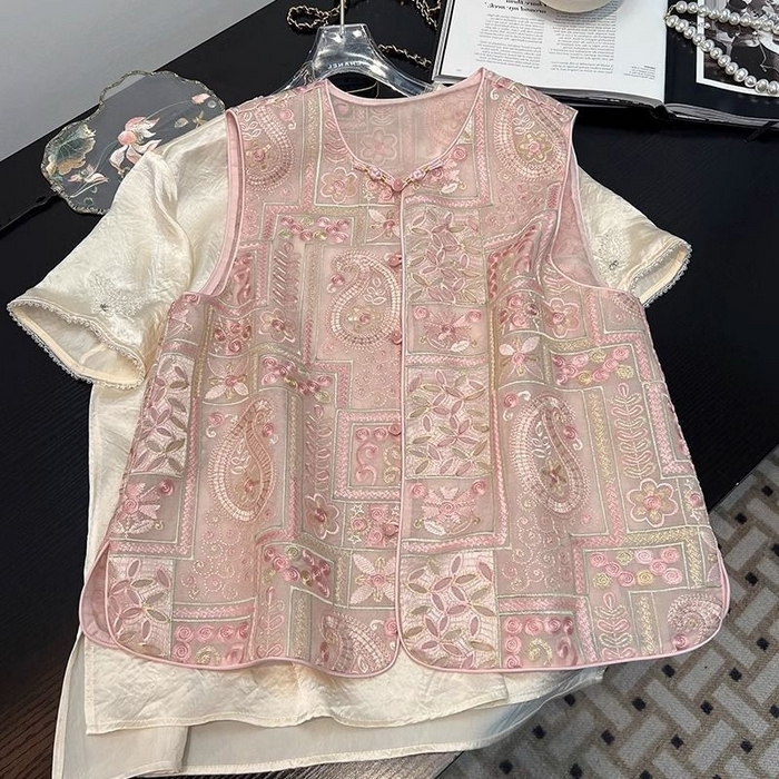 91家纺网 家纺一手货源 找家纺 洛兰沙家居馆【只代发】【只代发】 2025新款复古织锦缎细纱棉麻拼接马甲背心刺绣中式盘扣上衣 30