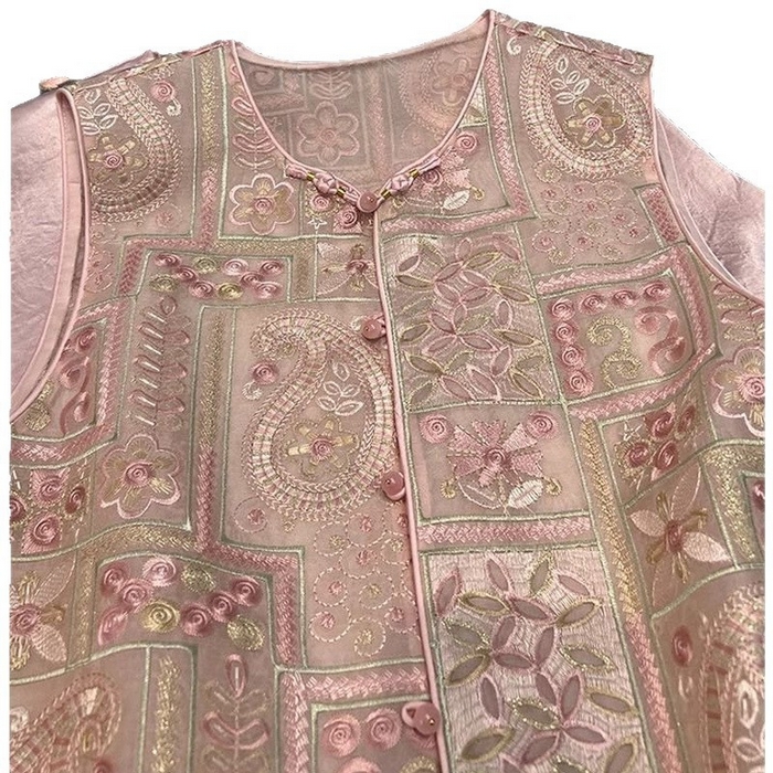 91家纺网 家纺一手货源 找家纺 洛兰沙家居馆【只代发】【只代发】 2025新款复古织锦缎细纱棉麻拼接马甲背心刺绣中式盘扣上衣 30