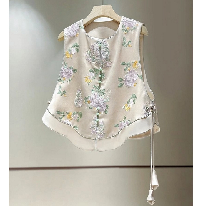 91家纺网 家纺一手货源 找家纺 洛兰沙家居馆【只代发】【只代发】 2025新款复古织锦缎细纱棉麻拼接马甲背心刺绣中式盘扣上衣 31