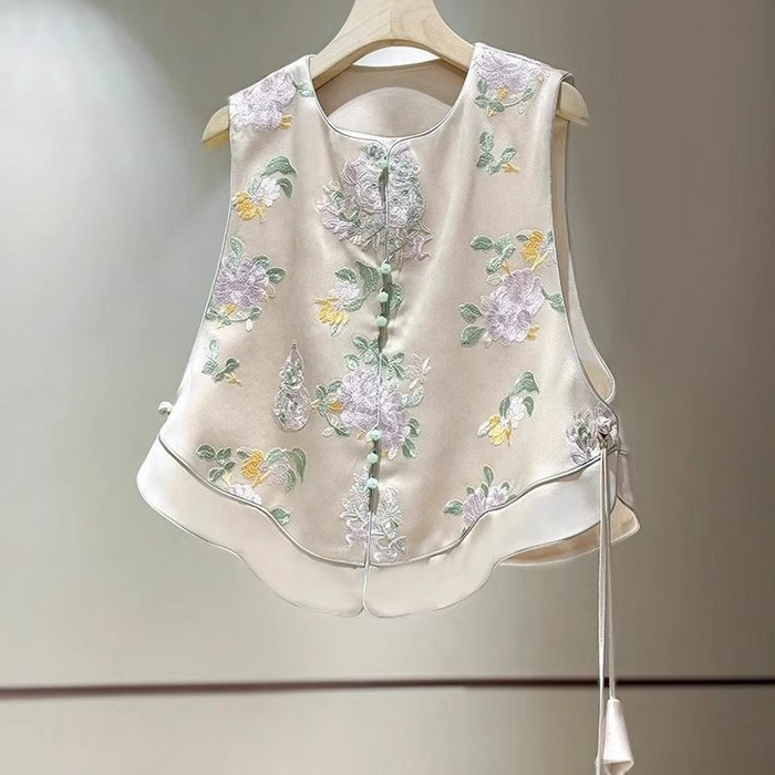 91家纺网 家纺一手货源 找家纺 洛兰沙家居馆【只代发】【只代发】 2025新款复古织锦缎细纱棉麻拼接马甲背心刺绣中式盘扣上衣 31