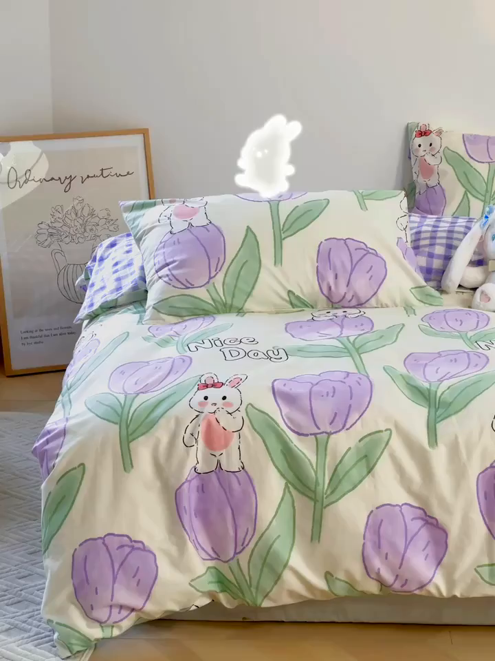 91家纺网 家纺一手货源 找家纺 梵克保罗 2025春夏新款全棉小清新卡通碎花学生季三件套四件套 知语